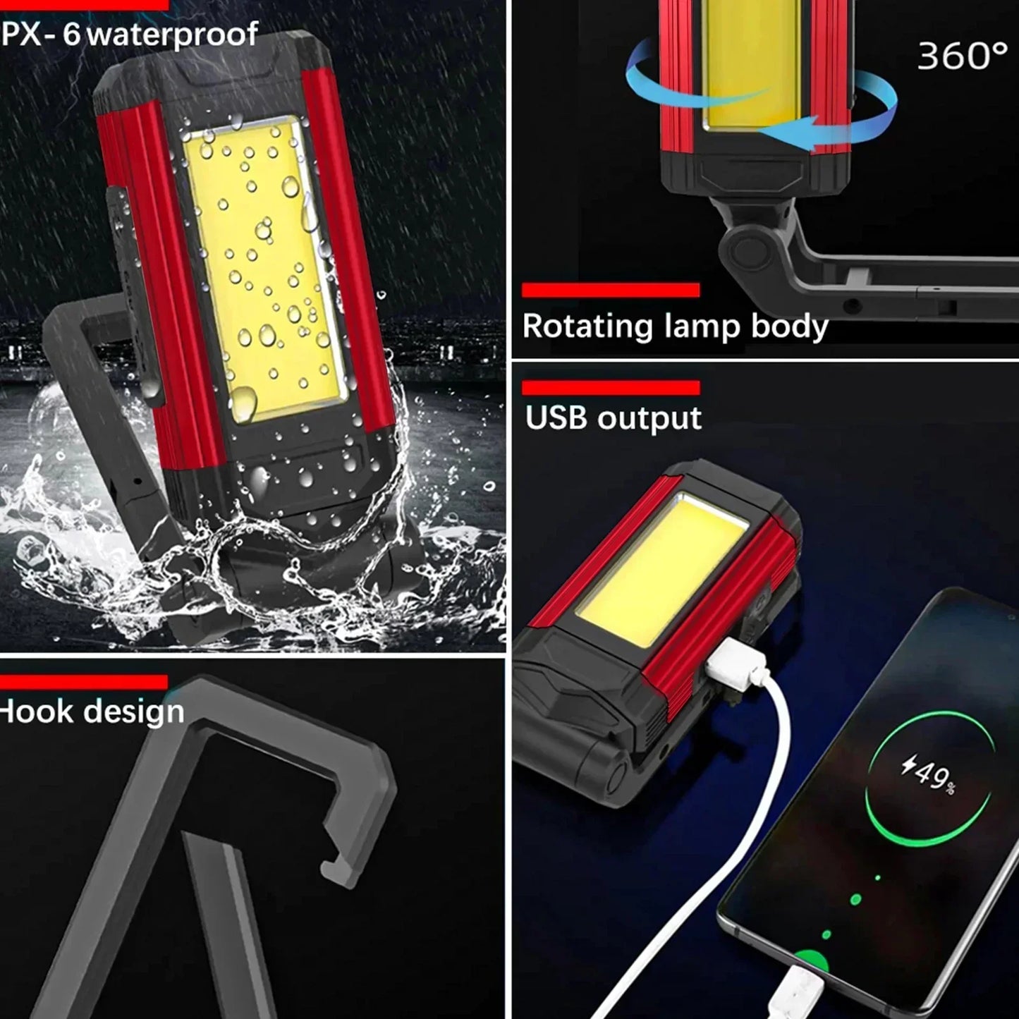 USB Rechargeable LED Flashlight with Magnetic COB Work Light Portable Camping Lantern Type-C Power Bank Function Lamp