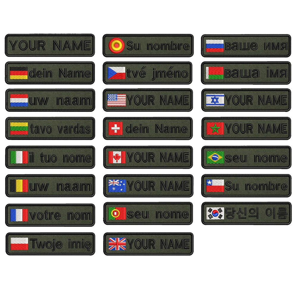 1PC 10cmX2.5cm Custom Name Flag Patch Badge Iron On Hook Loop Army green Netherlands Germany Russia France Belgium Italy Spain