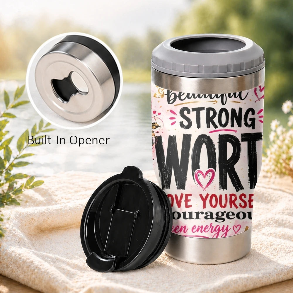 COOL Woman Motivational Vacuum Flasks 4-in-1 Stainless Steel Can Cooler Insulated Beer Soda Coffee Holder Dual Lids Fits 12oz