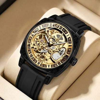 1pcs Men's gold dial silicone strap vintage fashion skeleton gear luxury details Mechanical Watch for daily business party holid