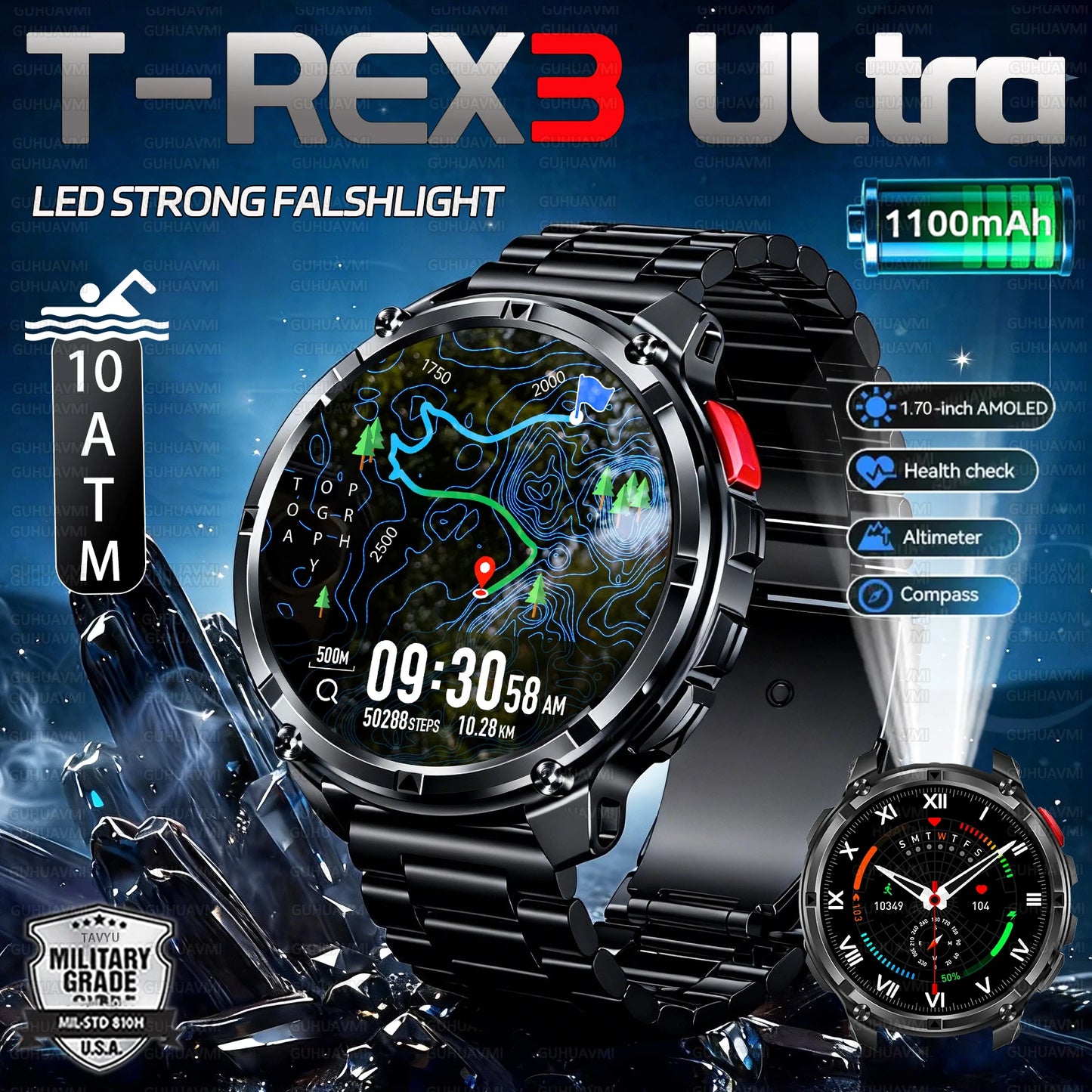 2026 New T-REX3 1100mAh Battery SmartWatch 10ATM Waterproof Compass Altitude HD Bluetooth call Sports Flashlight Smart Watch Men