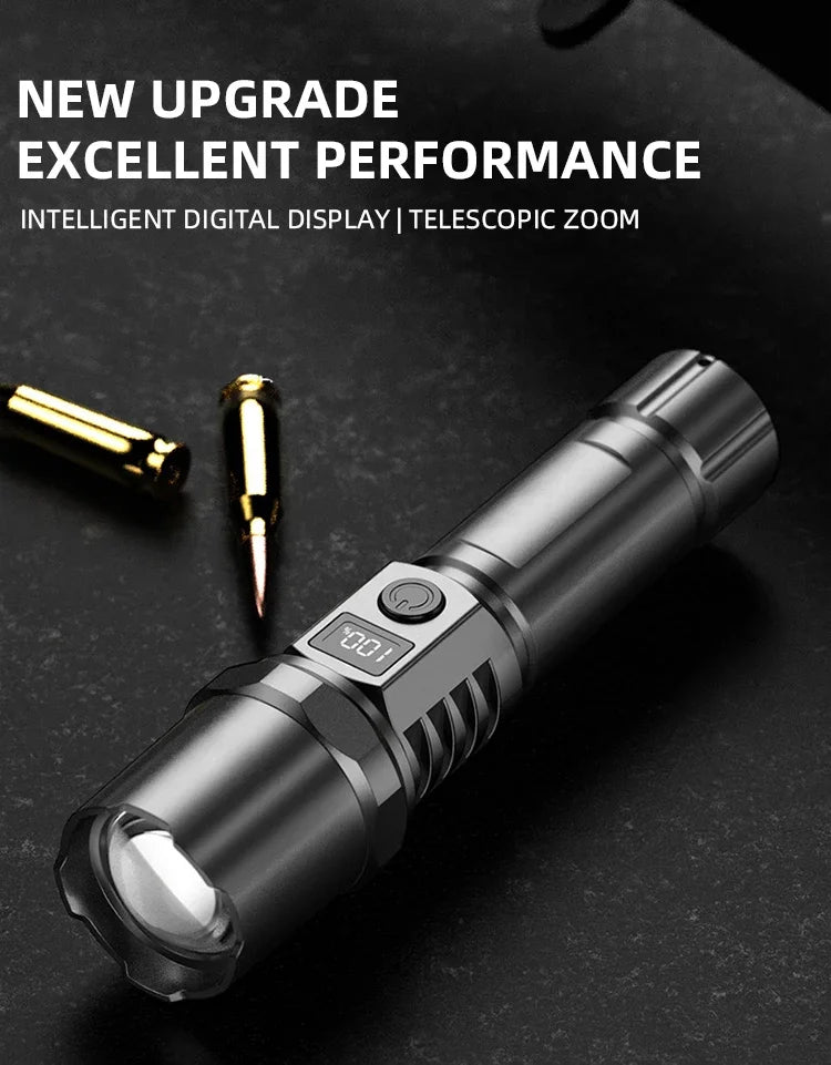 10000LM High Power LED Flashlight Long-range USB C Rechargeable Flashlight Power Display Zoom Lantern For Outdoor Camping Torch