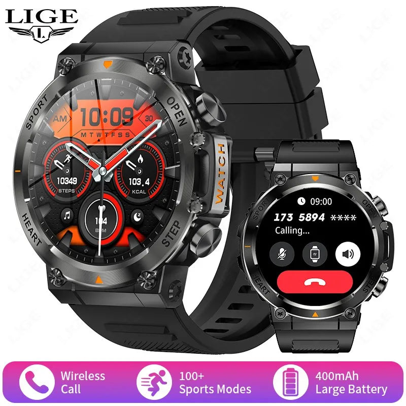 LIGE 2026 Nowy Zewnętrzny Wojskowy Zegarek Smartwatch z Baterią 400 mAh, Wodoodporność 5ATM, Latarka, Monitor Tętna, Tracker Sportowy dla Mężczyzn