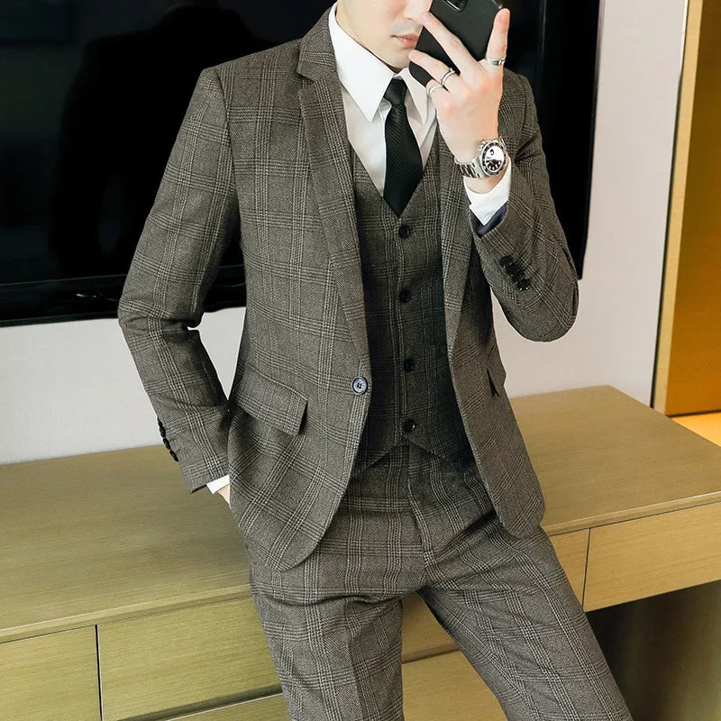 Hemp (blazer+Vest+Pants) Fashion Business Leisure Hosts Slim-fit Cotton Hemp Gentleman Wedding Work Wedding Suits for Men M-5XL