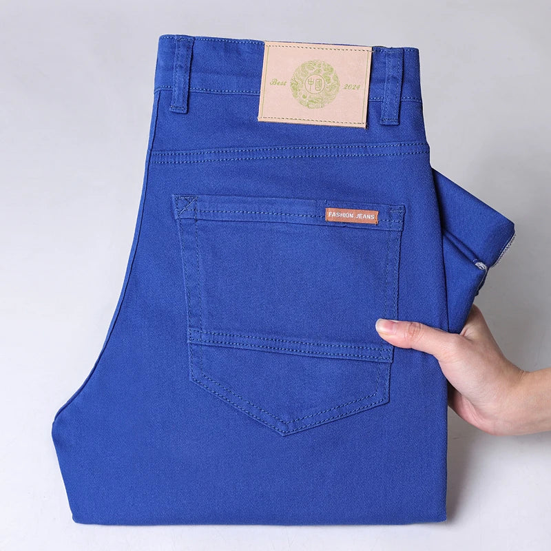 Men Classic Solid Color Fashion Jeans Business Casual Slim Fit Straight Elastic Pants Spring/Summer Thin Male High End Trousers