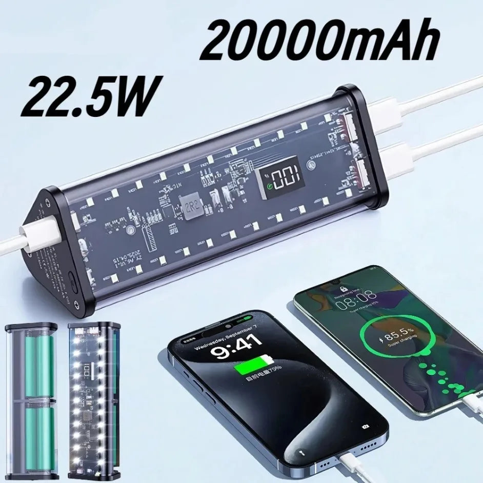 6*18650 Transparent Shell Power Bank Case 22.5W Fast Charging Detachable Powerbank Case LED USB Type C Port Battery Storage Box