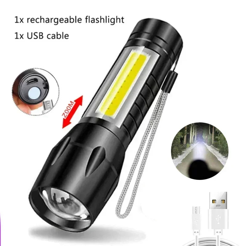 Portable COB+LED Camping Light Flashlight USB Rechargeable Zoom Tactical Torch Lamp Waterproof Emergency Torch Christmas Gift