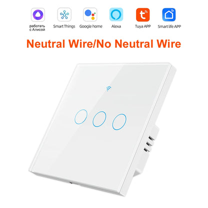 Tuya Smart Wifi Light Switch No Neutral Wire Touch Panel EU 1/2/3 Gang Wall Switch Wireless Control Voice Control Alexa Google