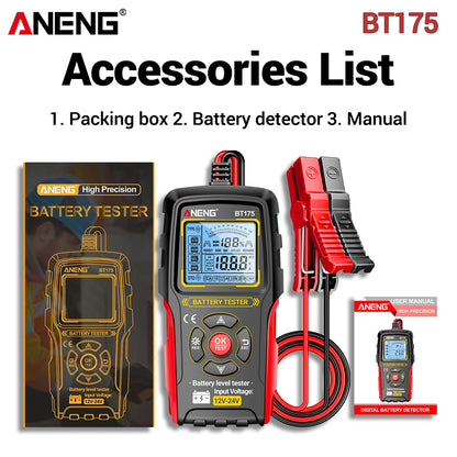 12V 24V Digital Car Battery Tester Alternator Automotive Analyzer Display Screen ANENG BT175 With Insulated Alligator Clip Tools