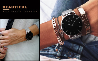 2023 New Women Bracelet Watch 1 Set Japan Quartz Movement Simple Rose Gold Stainless Steel Mesh Student Watches Relogio Feminino