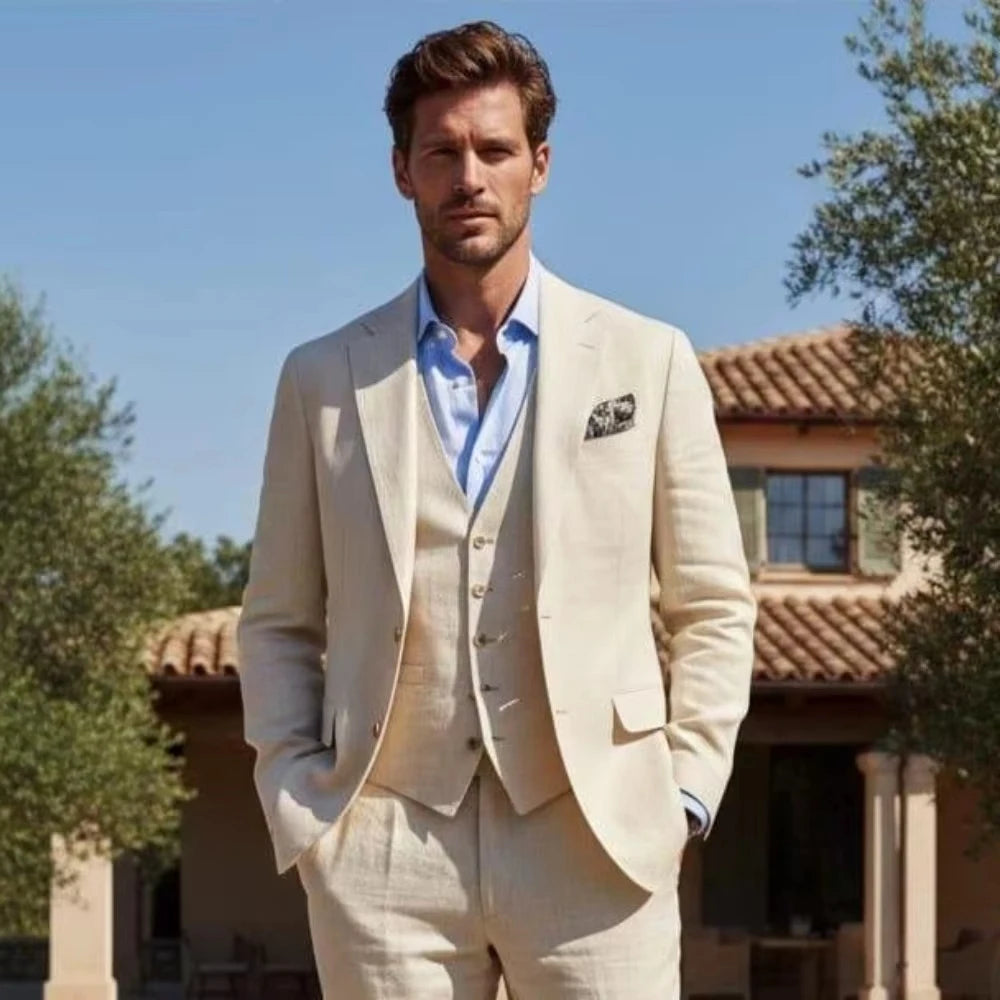 Man Suits with Notched Lapel Custom Casual Man Fashion Costume 3 piece Beige Linen Wedding Tuxedo for Groomsmen Summer