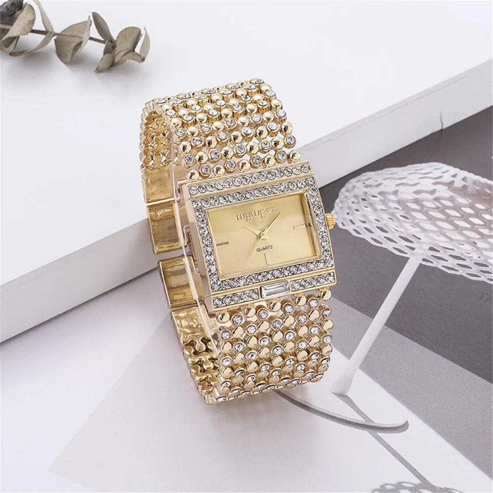 Luxury Simple Square Diamond Encrusted Women's Quartz Watch Gold Skeleton Fashion Women's Clock Gift Dress Wristwatch