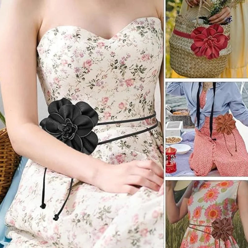 Bohemian PU Leather Waist Belt - Large Flower Tie Wrap Sash with Bow for Dress Decoration