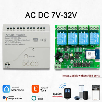 Tuya / Ewelink 4CH WiFi / Zigbee Smart Relay Switch Module 4 Channel AC DC 7-32V 85-250V RF433 Receiver for Alexa Google Home
