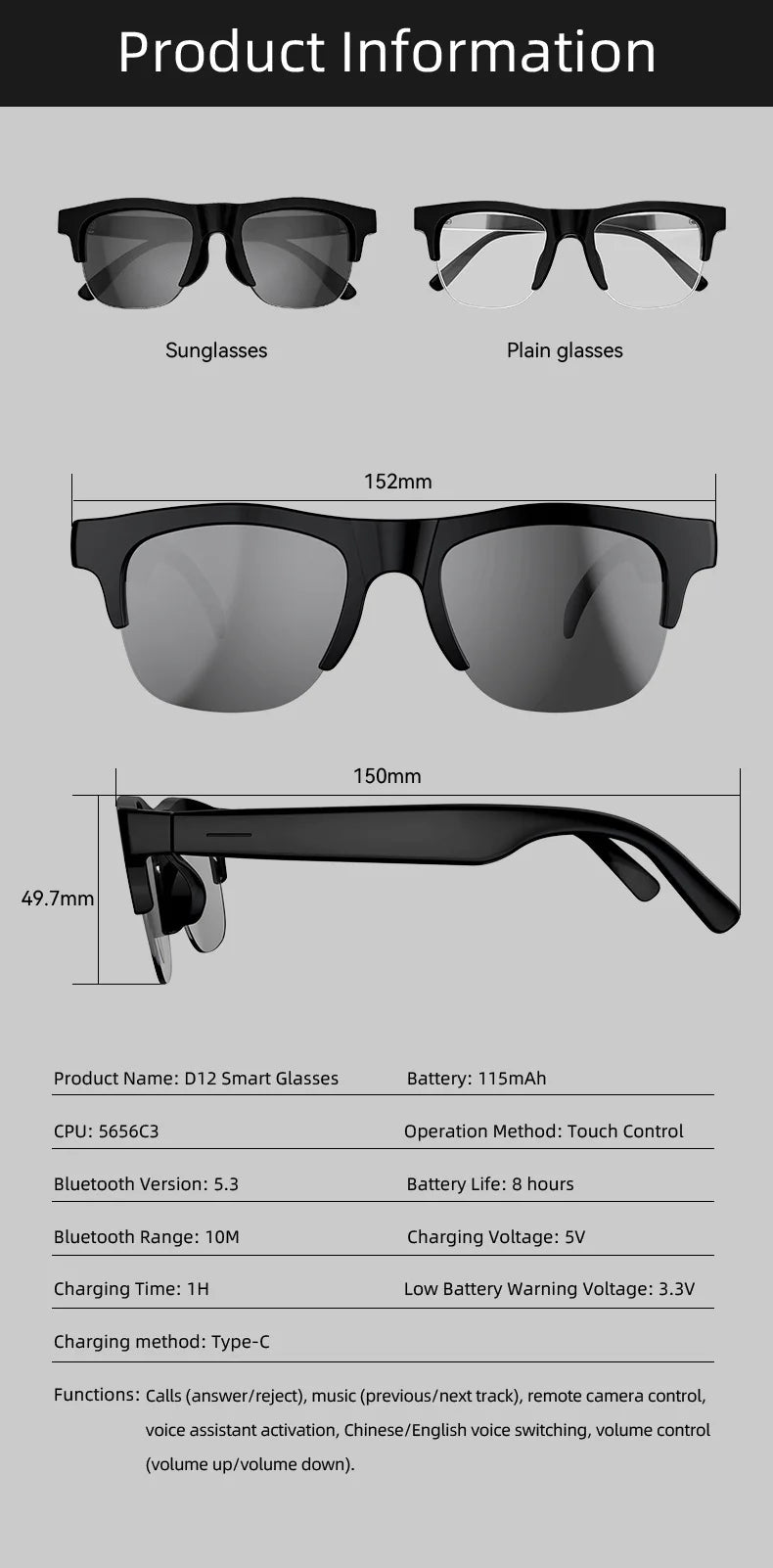 Smart AI Bluetooth Sunglasses Glasses Call Outdoor Sports Headphones HIFI Black Technology Anti-touch UV for Men and Women New