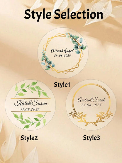Clear Personalized Wedding Gift Stickers Circle Green Leaf Design Name Date Transparent PVC Waterproof