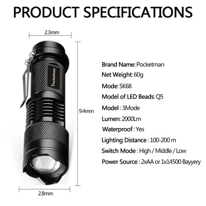 LED Flashlight Pocket Emergency Flashlight Zoomable Torch Aluminium Alloy 3 Lighting Modes Flashlight Waterproof Torch