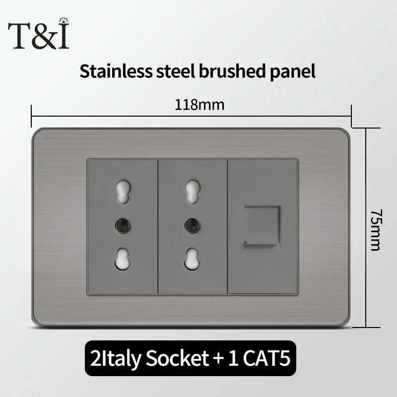 118 US Mexico Grey Stainless Steel Brushed 2way Electrical Light Switch Home Wall Socket Plug Double USB Type-C Power Outlet