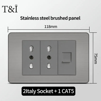 118 US Mexico Grey Stainless Steel Brushed 2way Electrical Light Switch Home Wall Socket Plug Double USB Type-C Power Outlet