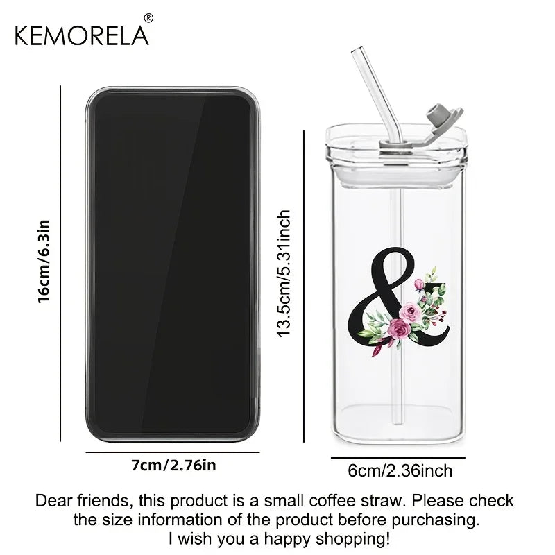 1PCS 24 Letter-Shaped Glass Tumblers with Lid And Straw Coffee Tumbler 300ML Clear Square Drinking Tumbler For Coffee Beer Milk