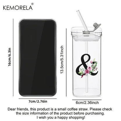 1PCS 24 Letter-Shaped Glass Tumblers with Lid And Straw Coffee Tumbler 300ML Clear Square Drinking Tumbler For Coffee Beer Milk