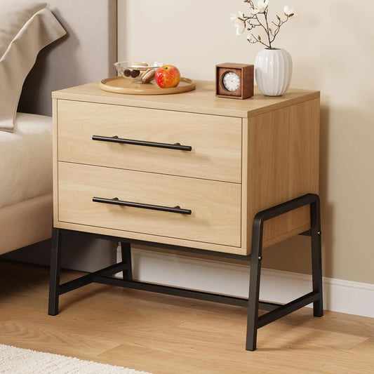 Farmhouse Nightstand with 2 Drawers Wooden Bedside Table with Metal Legs Sofa Side Table Storage Cabinet for Bedroom Living Room