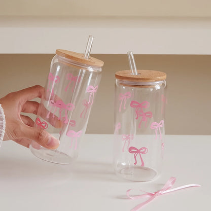 1/2/4/6Pcs Glass Cups with Bowknot Print, with Lid and Straw, Exquisite and High-End Bowknot Glass Cups, Suitable for Home Decoration, Daily Household Drinking Cups, Outdoor Picnic Cups, Party Cups, Breakfast Milk Cups, Gift-