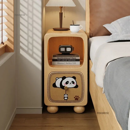 Cartoon Panda Solid Wood Children's Nightstands for Home Child's Bedside Tables Narrow Kid's Bedside Cabinets Children Furniture
