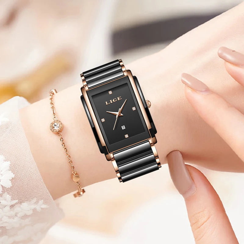 LIGE Creative Square Watch For Women Fashion Elegant Women's Bracelet Watch Stainless Steel Waterproof Date Quartz Wristwatches