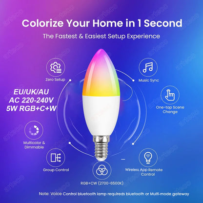 Tuya E14 Candle Lamp Smart Life App Control Smart Bulb WiFi Or Bluetooth RGB+CW LED Light 220V Dimmable Crystal Lamps Room Decor