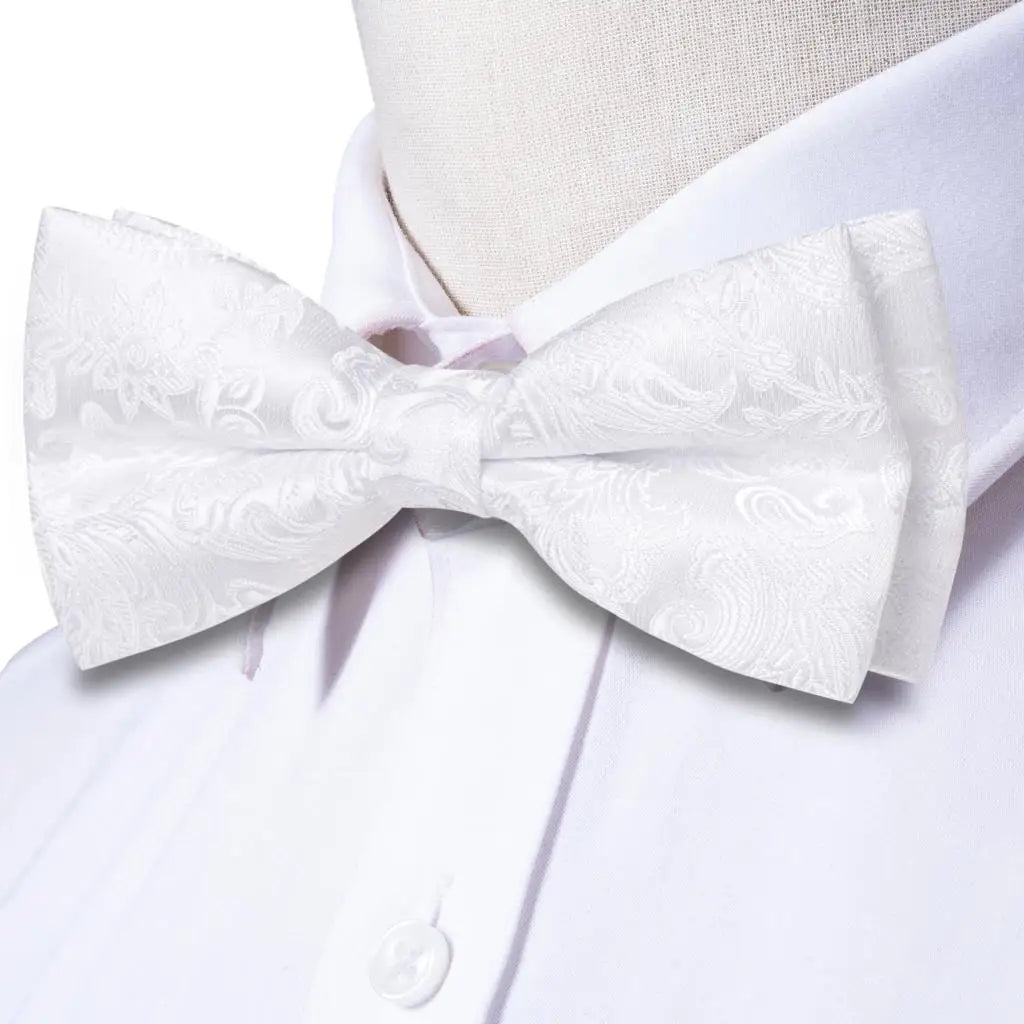 Hi-Tie Mens Bow Tie Hanky Cufflinks Set White Black Gray Silver Pre-tied Butterfly Knot Bowtie for Male Wedding silk Business