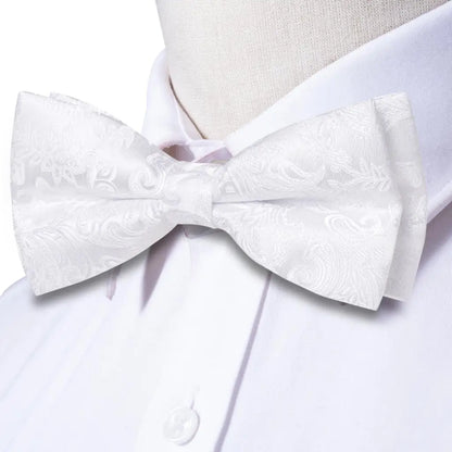 Hi-Tie Mens Bow Tie Hanky Cufflinks Set White Black Gray Silver Pre-tied Butterfly Knot Bowtie for Male Wedding silk Business