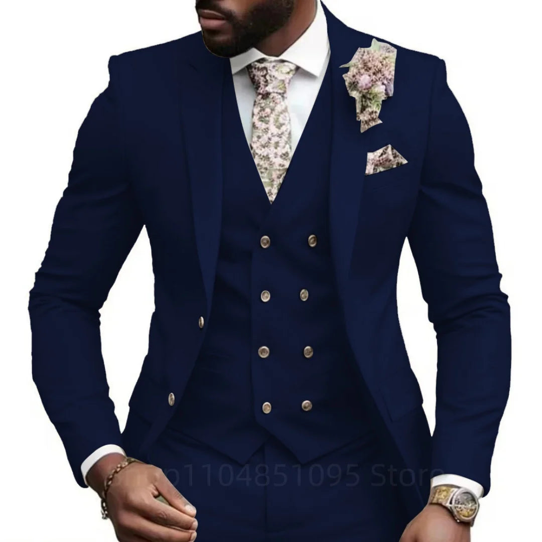 High Quality Green Business Men Suits Slim Fit Male Clothing Elegant Wedding 3 Piece Two Buttons Jacket Vest Pants Party Sets
