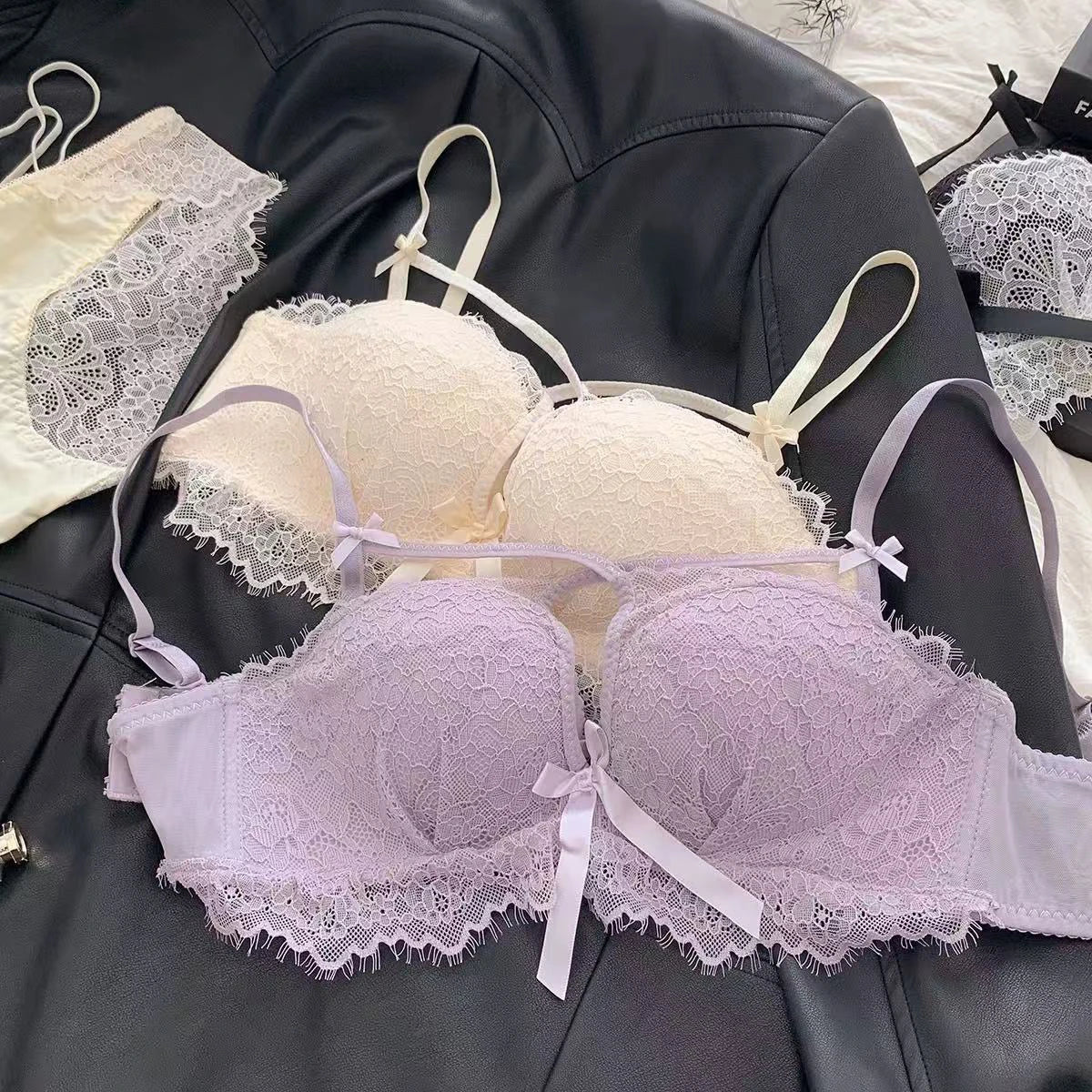 BANERDANNI Kawaii Anime Bra Set Japan Maid Lace Bralette with Thicken Pads Cut-Out Design Small Bust Enhancer Pure-Sex Underwear