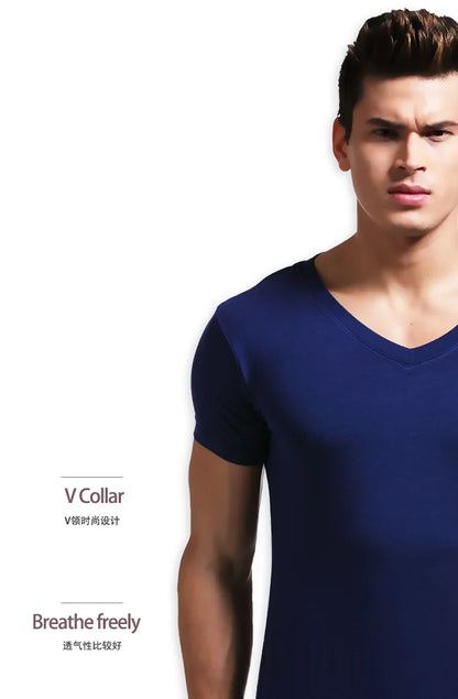 Modal summer round neck tight men's short sleeve V-neck T-shirt solid color vest T-shirt slim-fit sports undershirt