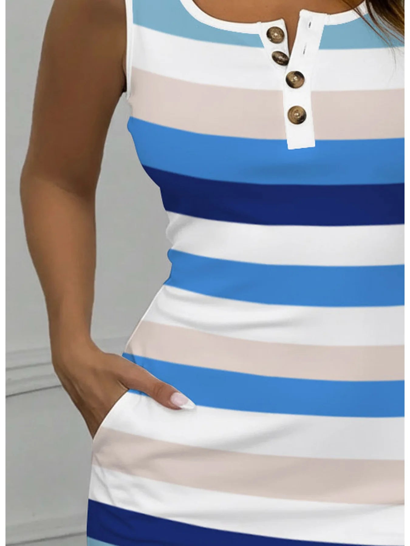 Summer Casual and Fashionable Waist Cinched Square Collar Button Wide Striped Sleeveless Mid Length Dress