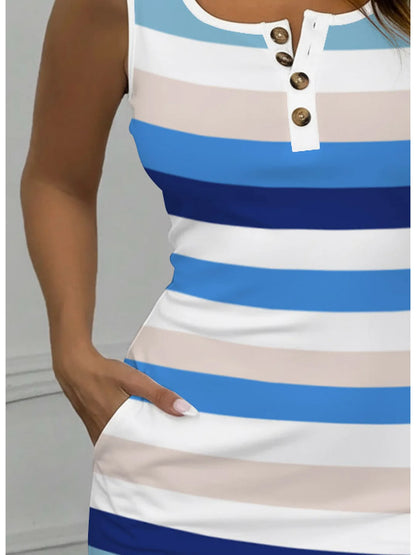 Summer Casual and Fashionable Waist Cinched Square Collar Button Wide Striped Sleeveless Mid Length Dress