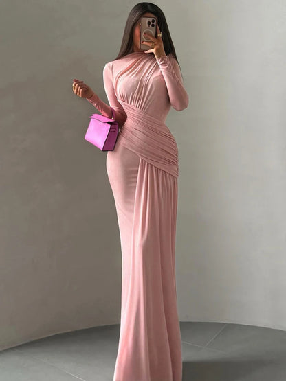 Nibber Folds Maxi Dress Women o-Neck Full Sleeve Solid Banquet Elegant Vacation Fashion Autumn Skinny Casual Simple Vestidos