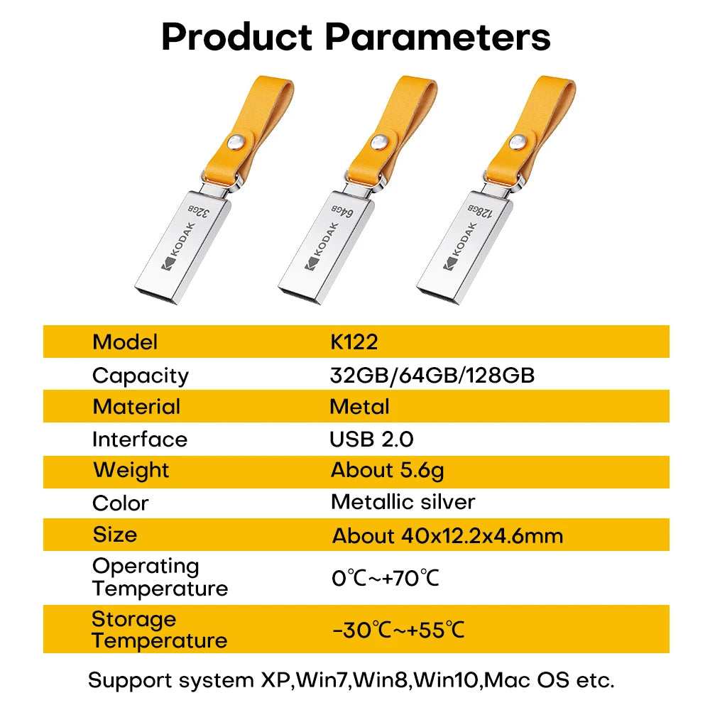 KODAK K122 Mini Metalowy Pendrive USB 2.0 32GB 64GB 128GB Pamięć Flash Plug & Play Mały Kompaktowy Dysk do Laptopa PC Samochodu
