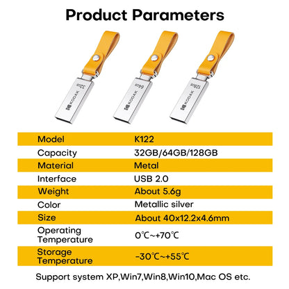 KODAK K122 Mini Metalowy Pendrive USB 2.0 32GB 64GB 128GB Pamięć Flash Plug & Play Mały Kompaktowy Dysk do Laptopa PC Samochodu