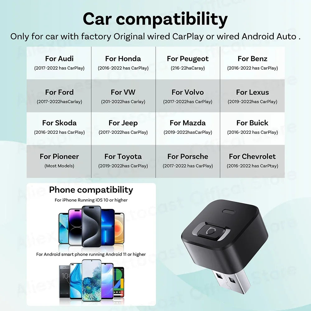 OTTOCAST Mini Dot Cube Wireless CarPlay Android Auto Adapter 2 in 1 USB AI Car Accessories for Totoya VW Benz Chevrolet Hyundai