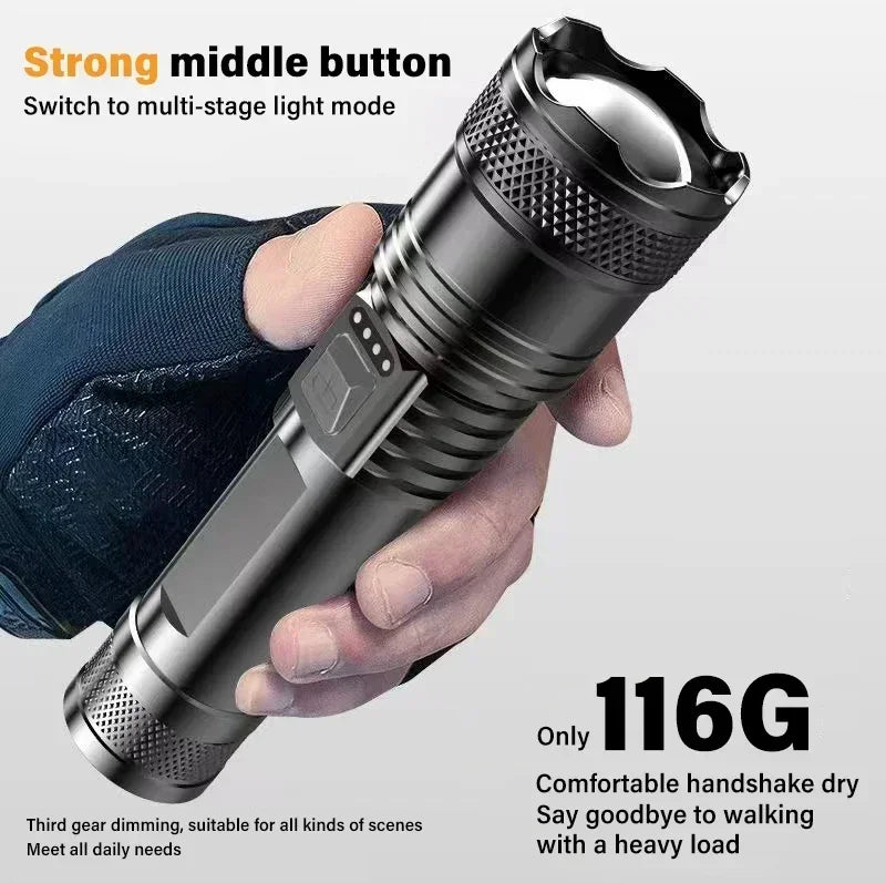 Super Bright LED Flashlight Type-C Rechargeable Long Range Tactical Torch Outdoor Waterproof Emergency Camping Fishing Lantern