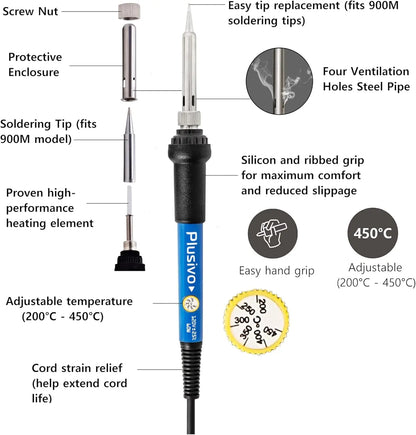 Soldering Iron Kit 60W Adjustable Temperature 5-in-1 Electronics Repair Kit with Solder Wire, Stand, Sponge & Rosin Flux for DIY
