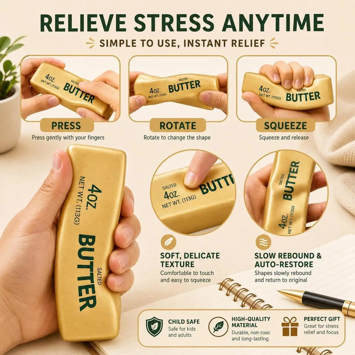13.5cm Golden Butter Fake Food Squishy Slow Rising Soft Squeeze Anxiety Relief Office Desk Companion Vent Gadget Adult Present