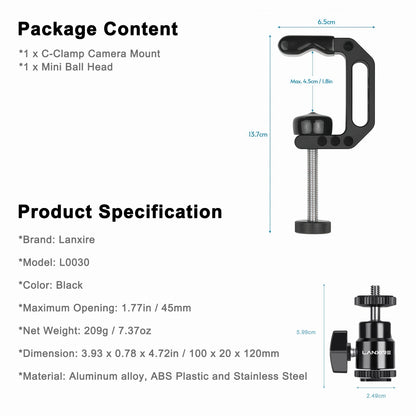 Lanxire C Clamp Camera Mount Clamp with 1/4" Screw Mini Ball Head for Camera, Gopro, Insta360, Flash Light, Monitor, Microphone