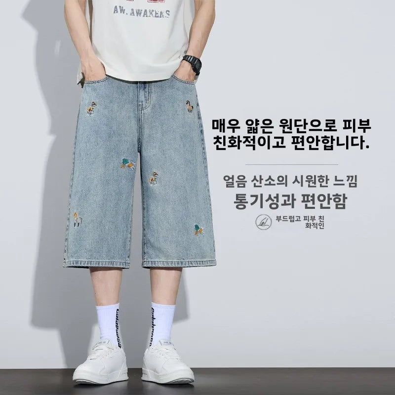 Korean Streetwear Washed Denim Jeans Summer Y2K Men's Casual Loose Trendy Brand Handsome Straight Wide-leg Short Pants Versatile