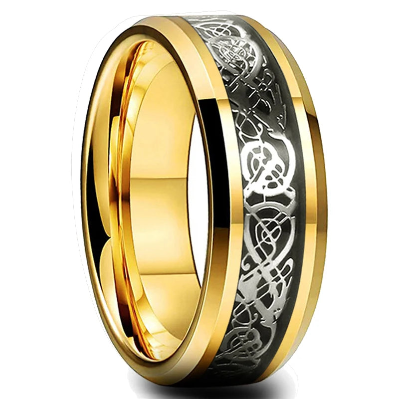 30 Colors Fashion 8MM Men Stainless Steel Celtic Dragon Rings Inlay Carbon Fiber Rings For Men Women Wedding Party Jewelry Gifts