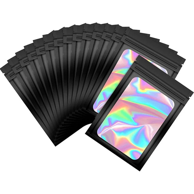 50pcs pack Mylar Bags Laser Color Plastic Packaging Mini Pouch Resealable ZipLock Smell Proof Coffee Herb Powder