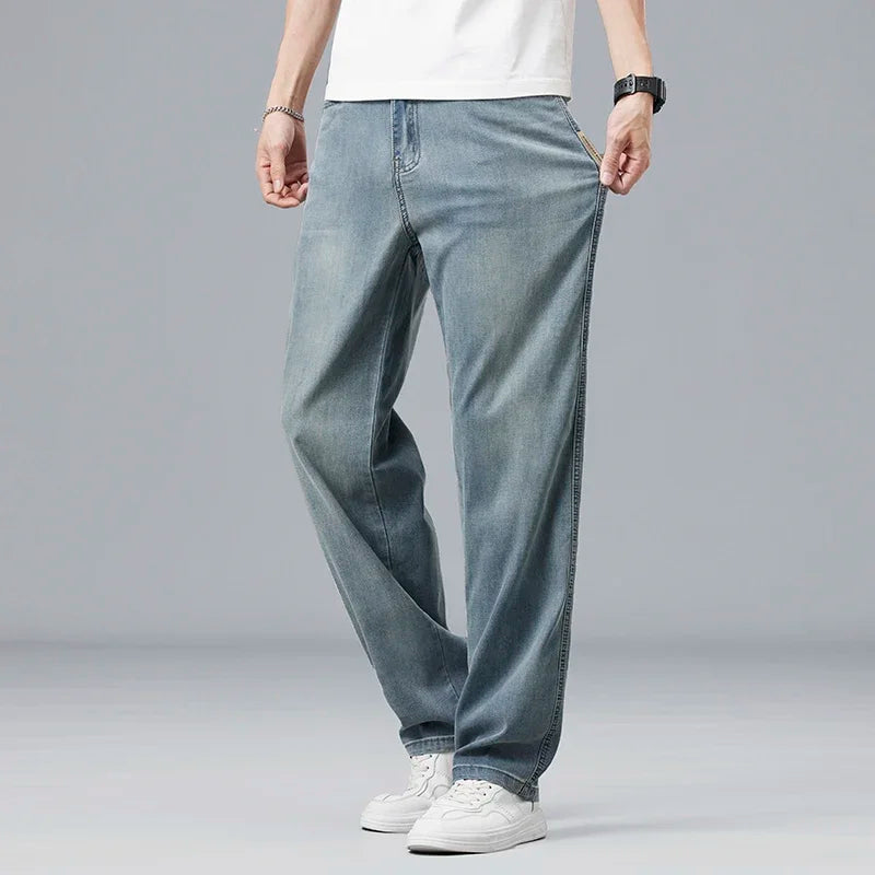 Lyocell Ultra-thin Summer Men's Jeans Elastic Ice Silk Drape Soft Loose Pants Straight Casual Denim Male Clothing Trousers
