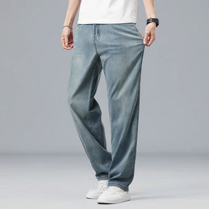 Lyocell Ultra-thin Summer Men's Jeans Elastic Ice Silk Drape Soft Loose Pants Straight Casual Denim Male Clothing Trousers
